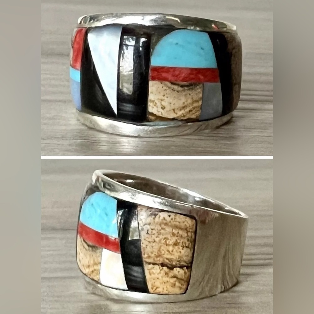 Vintage Handmade Zuni Multi Stone Inlay Wide Band Ring, Size 7